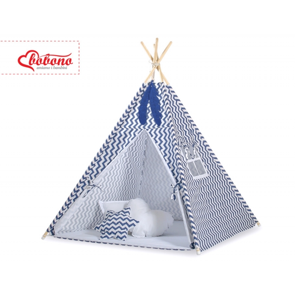 MINI Set: Teepee Kinderspiel-Zelt mit Spielmatte und Schmuckfedern GRATIS! - Chevron dunkelblau