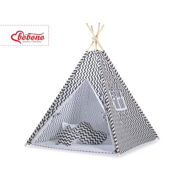 MINI Set: Teepee Kinderspiel-Zelt mit Spielmatte und Schmuckfedern GRATIS! - Chevron schwarz