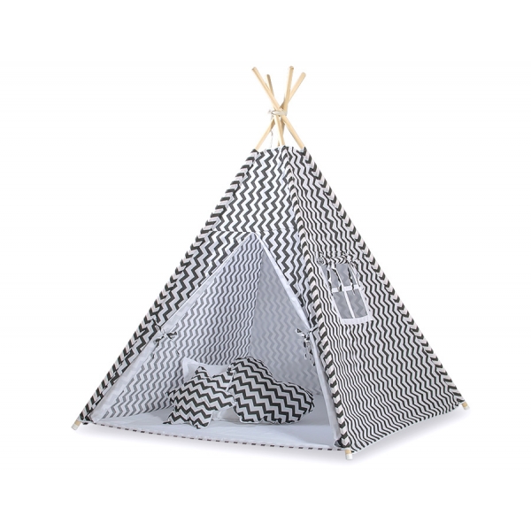 MINI Set: Teepee Kinderspiel-Zelt mit Spielmatte und Schmuckfedern GRATIS! - Chevron schwarz