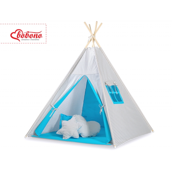 MINI Set: Teepee Kinderspiel-Zelt mit Spielmatte und Schmuckfedern GRATIS! - Grau kariert-türkis