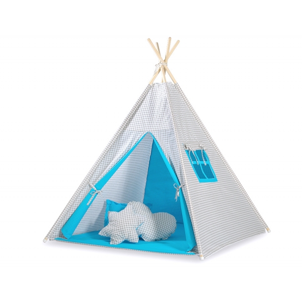 MINI Set: Teepee Kinderspiel-Zelt mit Spielmatte und Schmuckfedern GRATIS! - Grau kariert-türkis