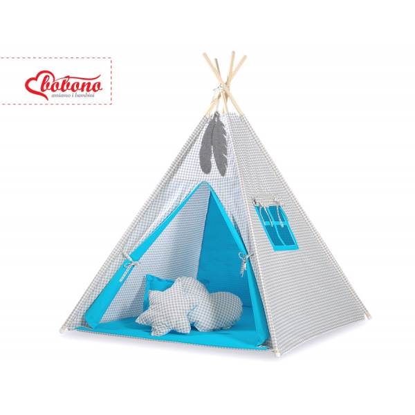 MINI Set: Teepee Kinderspiel-Zelt mit Spielmatte und Schmuckfedern GRATIS! - Grau kariert-türkis