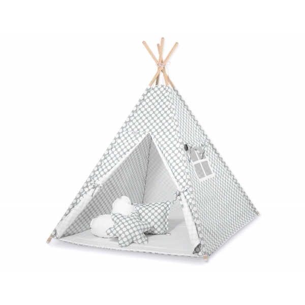 MINI Set: Teepee Kinderspiel-Zelt mit Spielmatte und Schmuckfedern GRATIS! - grau Punkt-Muster