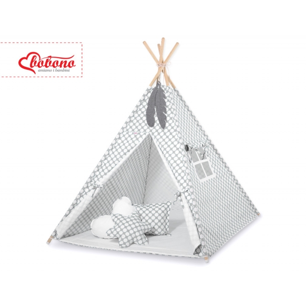 MINI Set: Teepee Kinderspiel-Zelt mit Spielmatte und Schmuckfedern GRATIS! - grau Punkt-Muster