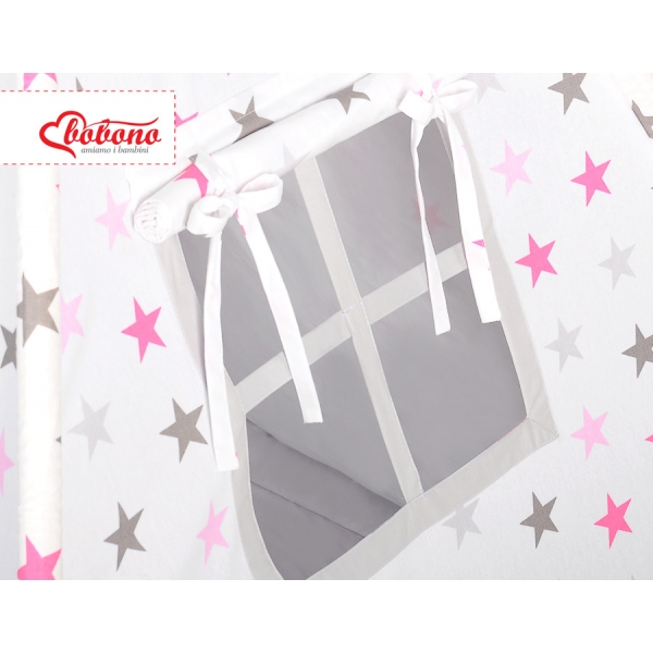 MINI Set: Teepee Kinderspiel-Zelt mit Spielmatte und Schmuckfedern GRATIS! - Rosa-graue Sternen/grau