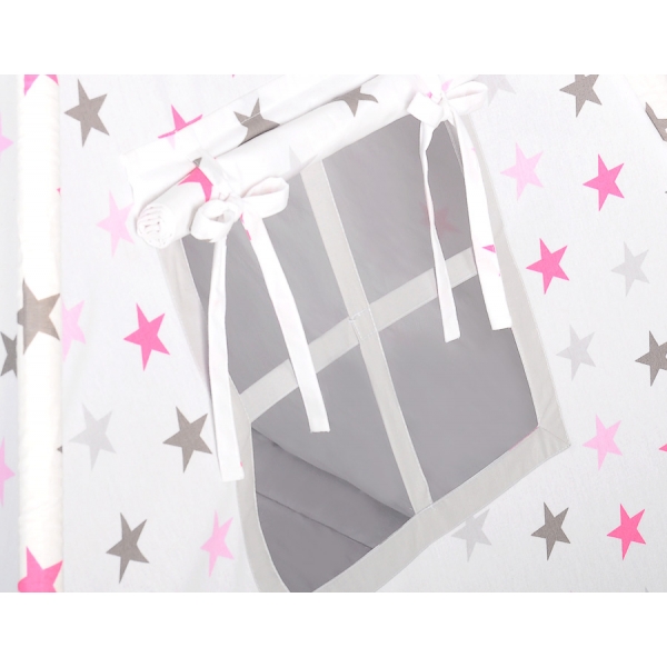 MINI Set: Teepee Kinderspiel-Zelt mit Spielmatte und Schmuckfedern GRATIS! - Rosa-graue Sternen/grau