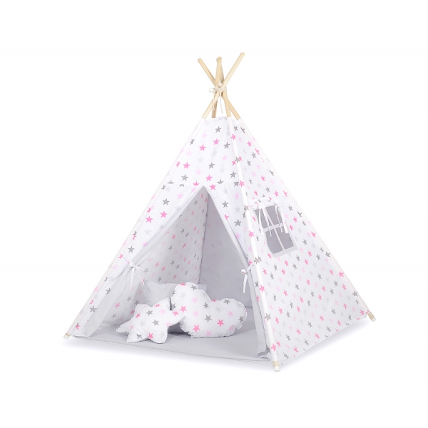 MINI Set: Teepee Kinderspiel-Zelt mit Spielmatte und Schmuckfedern GRATIS! - Rosa-graue Sternen/grau