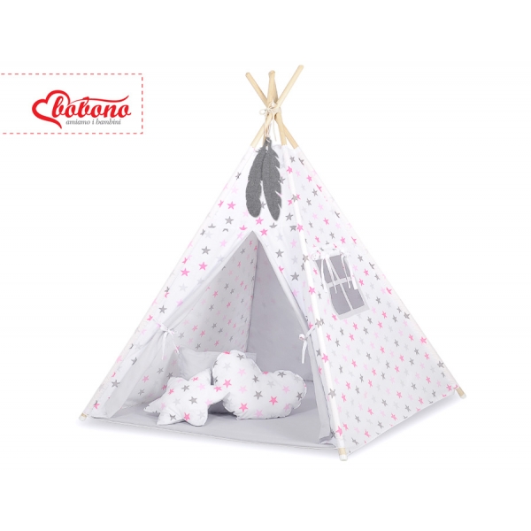 MINI Set: Teepee Kinderspiel-Zelt mit Spielmatte und Schmuckfedern GRATIS! - Rosa-graue Sternen/grau