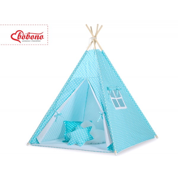 MINI Set: Teepee Kinderspiel-Zelt mit Spielmatte und Schmuckfedern GRATIS! - Türkis-Punktemuster