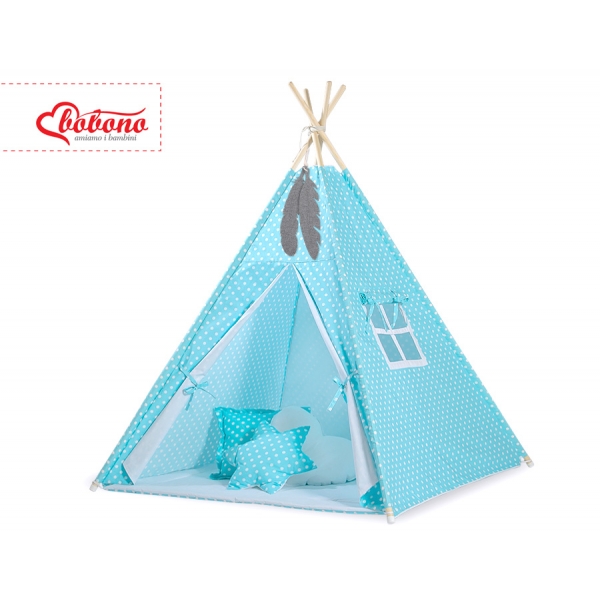 MINI Set: Teepee Kinderspiel-Zelt mit Spielmatte und Schmuckfedern GRATIS! - Türkis-Punktemuster
