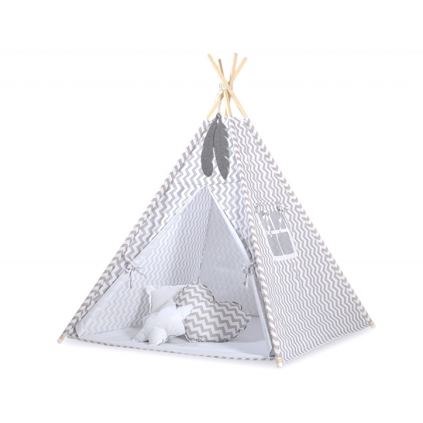 MINI Set: Teepee Zelt Kinderspiel mit Spielmatte und Schmuckfedern GRATIS! - Chevron grau
