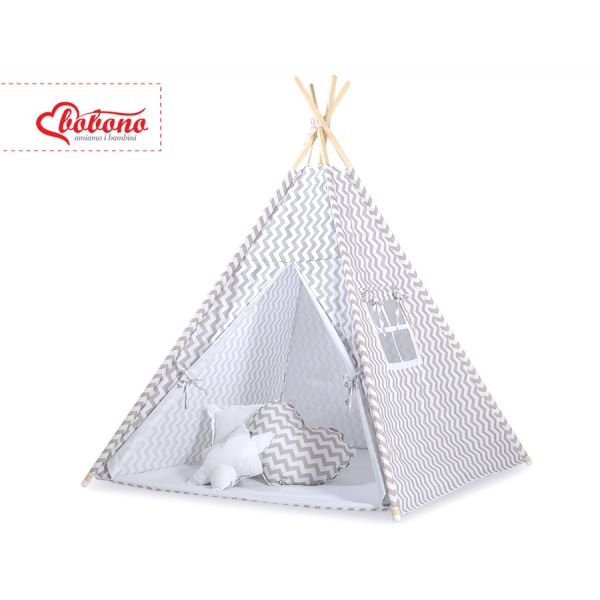 MINI Set: Teepee Zelt Kinderspiel mit Spielmatte und Schmuckfedern GRATIS! - Chevron grau