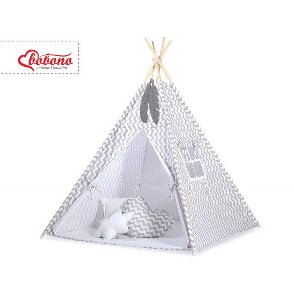 MINI Set: Teepee Zelt Kinderspiel mit Spielmatte und Schmuckfedern GRATIS! - Chevron grau