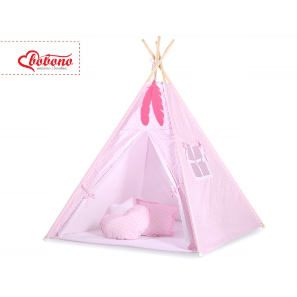 MINI Set: Tipi Kinderspiel-Zelt mit Spielmatte und Schmuckfedern GRATIS! -  Rosa-Punktemuster