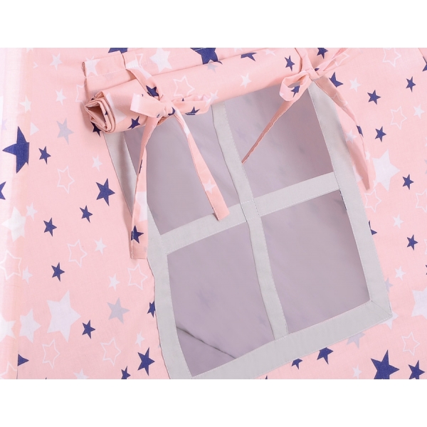 MINI Set: Tipi Kinderspiel-Zelt mit Spielmatte und Schmuckfedern GRATIS! - rosa-blaue Sternen/grau