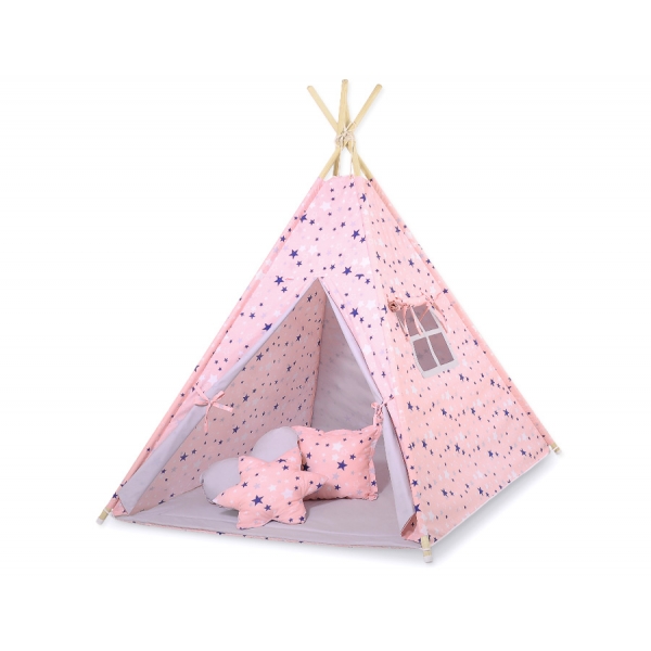 MINI Set: Tipi Kinderspiel-Zelt mit Spielmatte und Schmuckfedern GRATIS! - rosa-blaue Sternen/grau