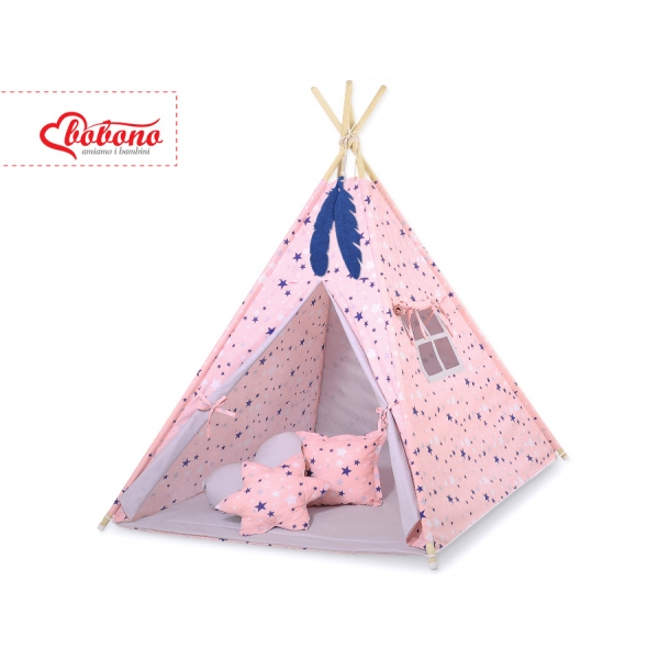 MINI Set: Tipi Kinderspiel-Zelt mit Spielmatte und Schmuckfedern GRATIS! - rosa-blaue Sternen/grau