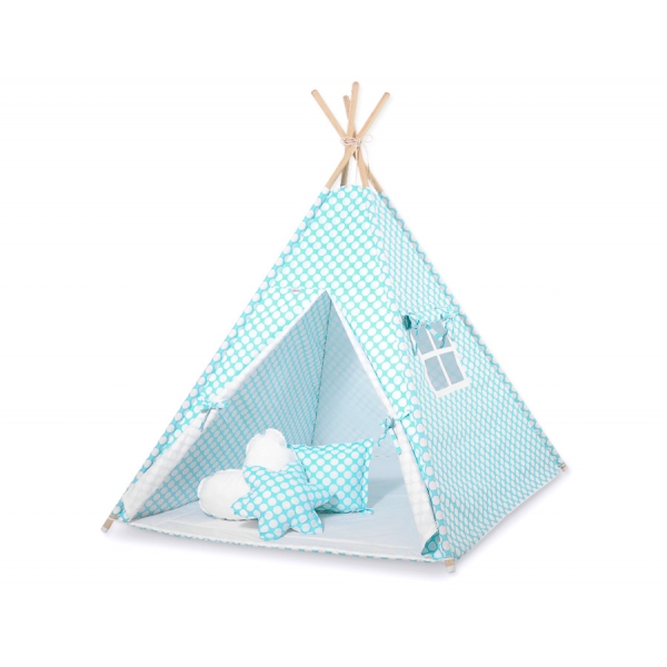 MINI Set: Tipi Kinderspiel-Zelt mit Spielmatte und Schmuckfedern GRATIS! - türkis Punkt-Muster