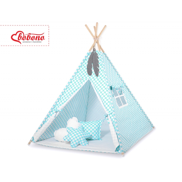 MINI Set: Tipi Kinderspiel-Zelt mit Spielmatte und Schmuckfedern GRATIS! - türkis Punkt-Muster