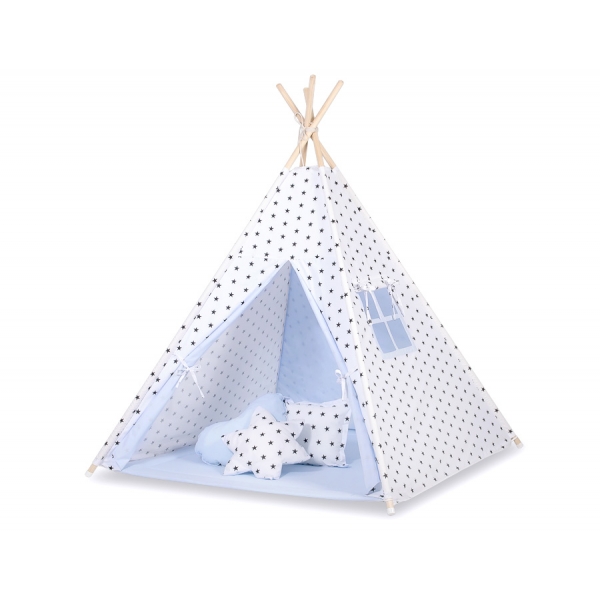 MINI Set: Tipi-Zelt mit Spielmatte und Schmuckfedern GRATIS! -  Schwarze Sternchen/blau