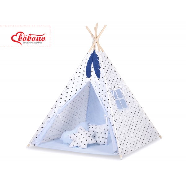 MINI Set: Tipi-Zelt mit Spielmatte und Schmuckfedern GRATIS! -  Schwarze Sternchen/blau