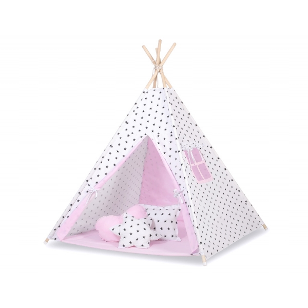 MINI Set: Tipi-Zelt mit Spielmatte und Schmuckfedern GRATIS! -  Schwarze Sternchen/rosa