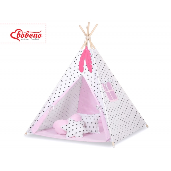 MINI Set: Tipi-Zelt mit Spielmatte und Schmuckfedern GRATIS! -  Schwarze Sternchen/rosa