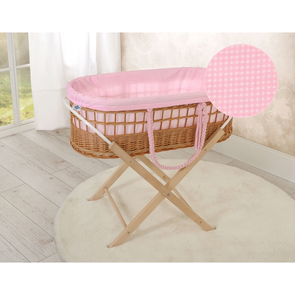 Moses Weidenkorb Boho-Stil mit Ständer mit Baumwolle Polsterung - rosa kariert