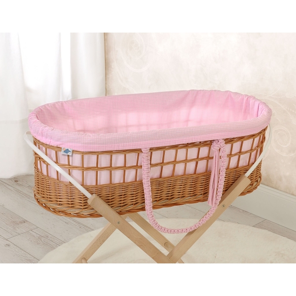 Moses Weidenkorb Boho-Stil mit Ständer mit Baumwolle Polsterung - rosa kariert