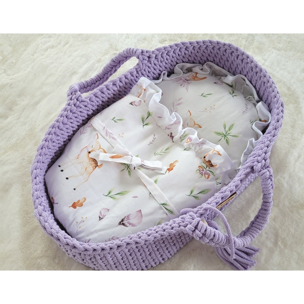 Moseskorb aus Baumwollschnur für Puppen BOHO - lila