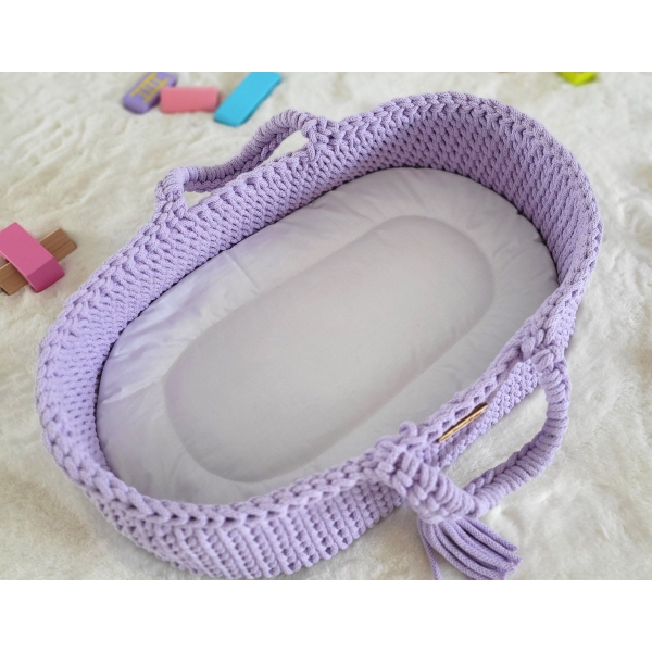 Moseskorb aus Baumwollschnur für Puppen BOHO - lila
