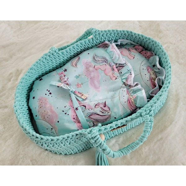 Moseskorb für Puppen BOHO Baumwolle - Puppenträger - Minze