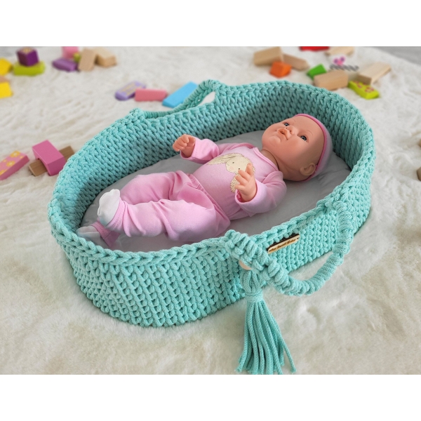 Moseskorb für Puppen BOHO Baumwolle - Puppenträger - Minze