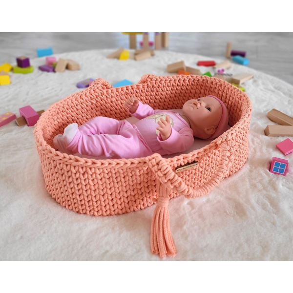 Moseskorb BOHO aus Baumwollschnur - Puppenträger - Pfirsich