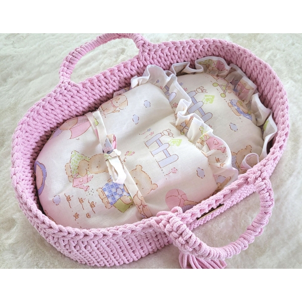 Puppenkorb Boho Baumwolle - Puppenträger - rosa