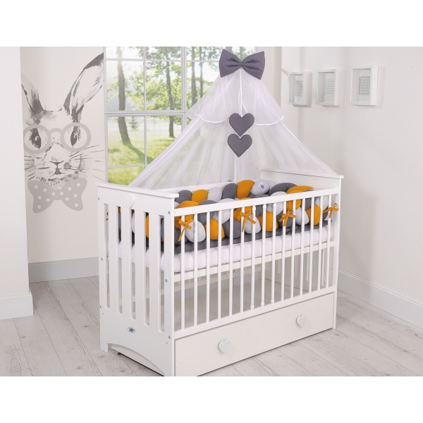 My Sweet Baby Geflochtene Bettschlange Bettumrandung ganz Babybett XXL - grau-honiggelb-anthrazit