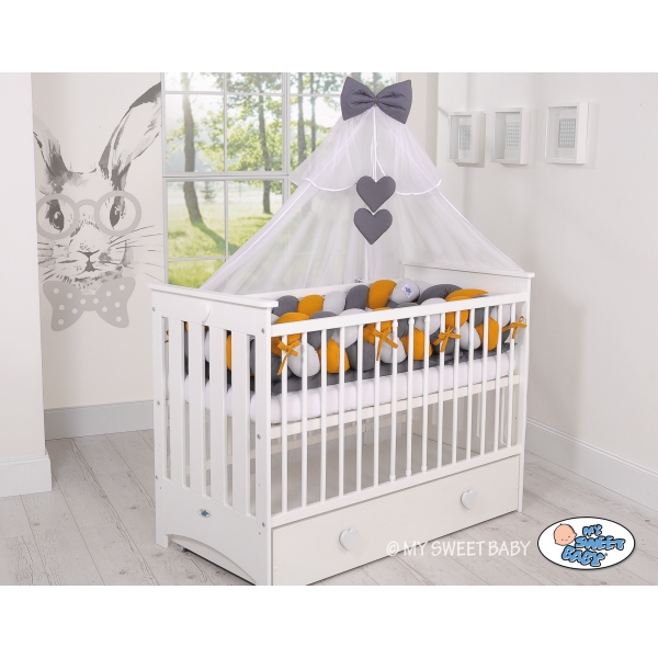 My Sweet Baby Geflochtene Bettschlange Bettumrandung ganz Babybett XXL - grau-honiggelb-anthrazit