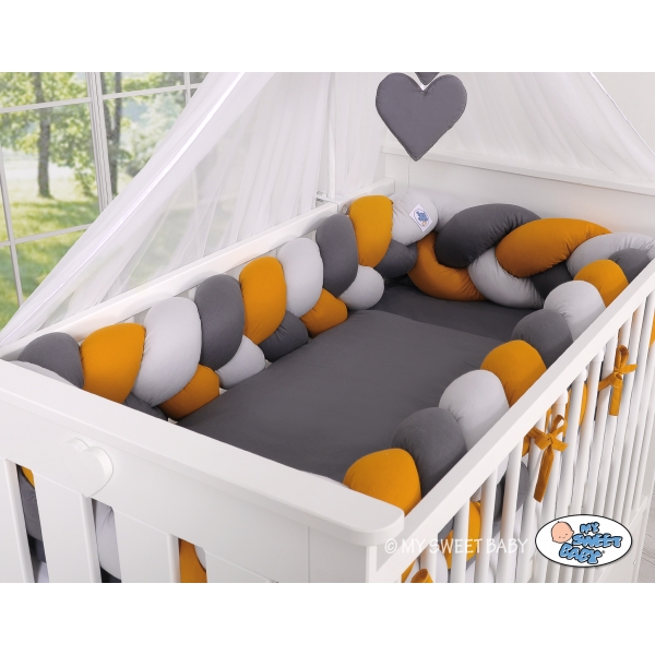 My Sweet Baby Geflochtene Bettschlange Bettumrandung ganz Babybett XXL - grau-honiggelb-anthrazit