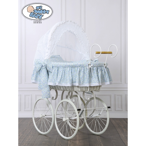 Nostalgie Stubenwagen Jasmine - Weiß - blau mit Stickerei My Sweet Baby