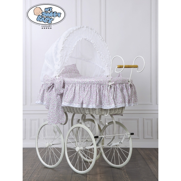 Nostalgiestubenwagen Jasmine - Weiß rosa mit Stickerei My Sweet Baby