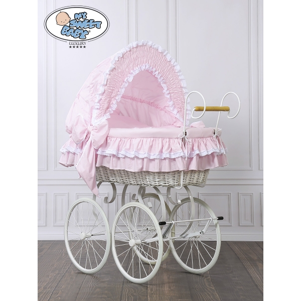 Stubenwagen aus Weiße Rattan mit Rosa Bezug