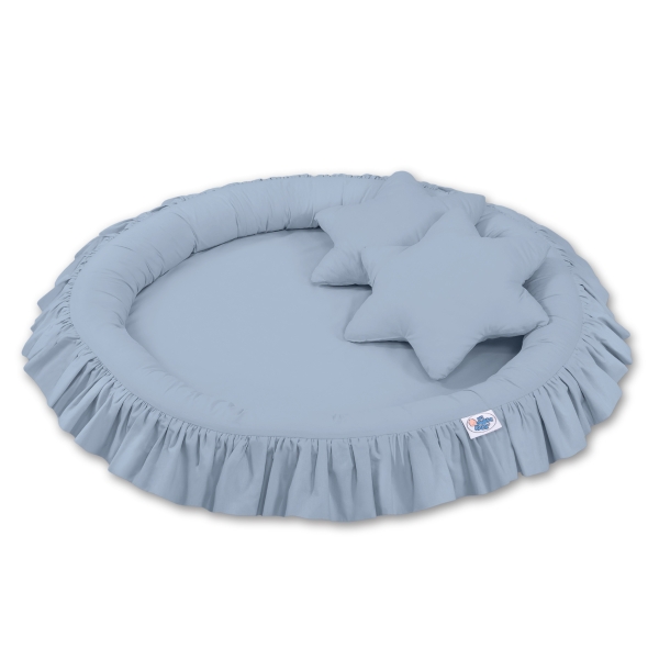 Pastellblau Betthimmel + Rüschennestchen + Kissen