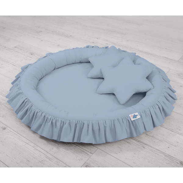 Pastellblau Betthimmel + Rüschennestchen + Kissen