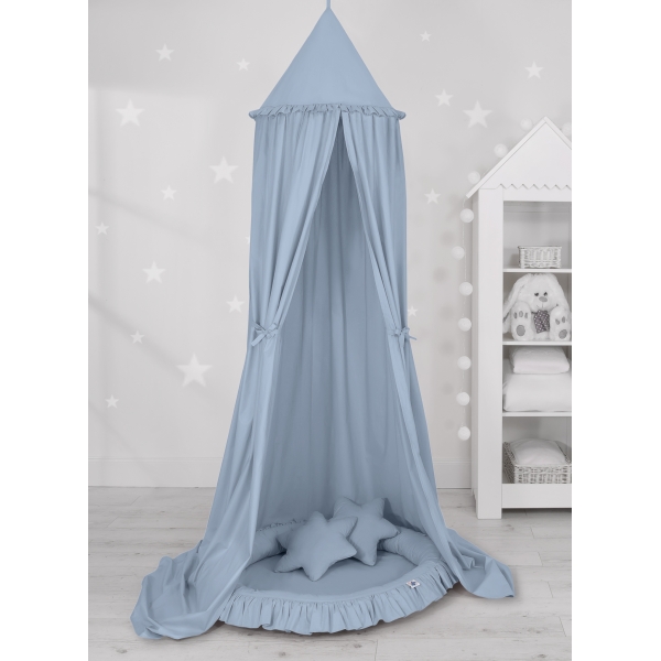 Pastellblau Betthimmel + Rüschennestchen + Kissen