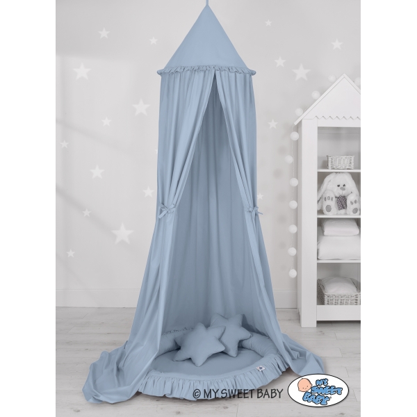 Pastellblau Betthimmel + Rüschennestchen + Kissen