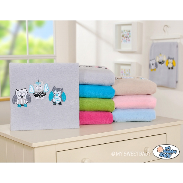 Polar Fleece Babydecke - Eulen Bigi Zibi & Adele - grau-türkis