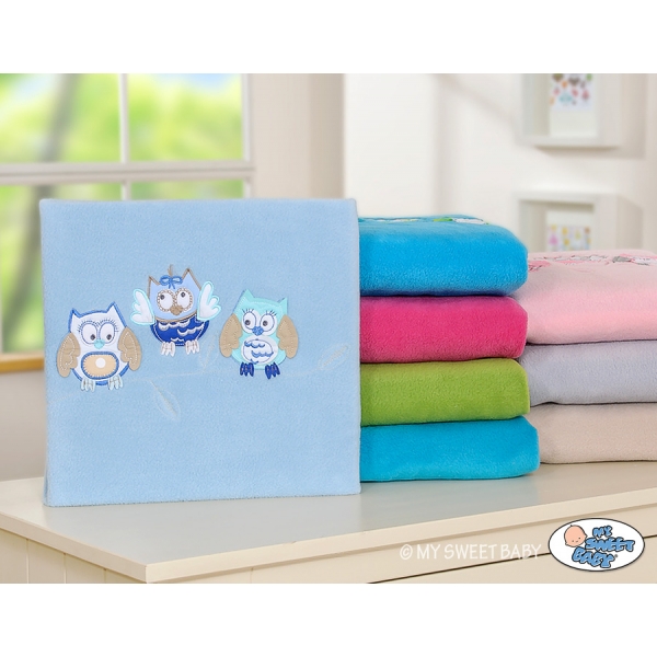 Polar Fleece Babydecke - Eulen Bigi Zibi & Adele - hell blau