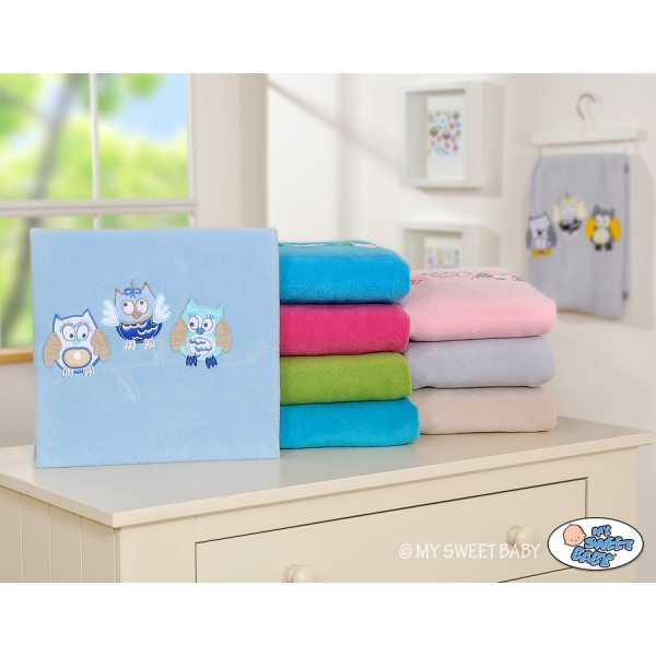 Polar Fleece Babydecke - Eulen Bigi Zibi & Adele - hell blau