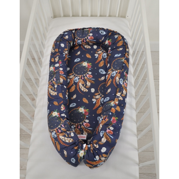 Premium doppelseitig Babynest Baby-Kokon - Traumfänger dunkelblau