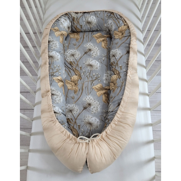 Premium doppelseitig Babynestchen Baby-Kokon  dandelions grey/ beige
